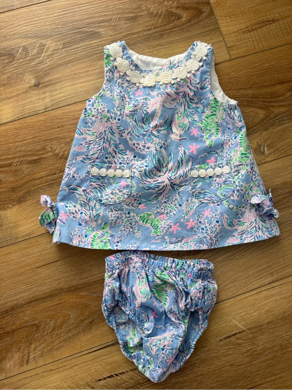 Lilly Pulitzer Light Blue Floral Sea-Print Dress & Bloomer Set